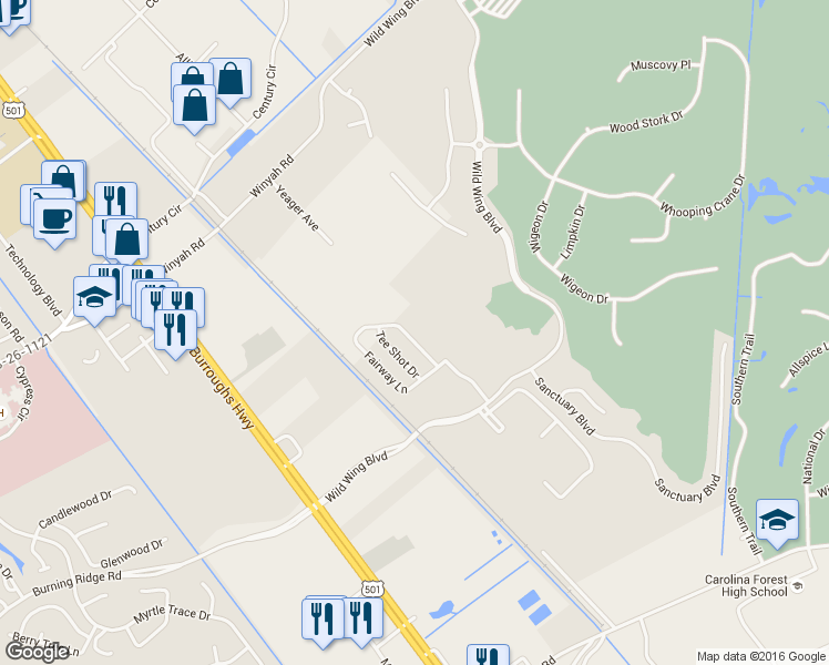 map of restaurants, bars, coffee shops, grocery stores, and more near 1030 Fairway Lane in Conway