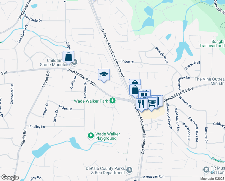 map of restaurants, bars, coffee shops, grocery stores, and more near 425 Orchard Drive in Stone Mountain