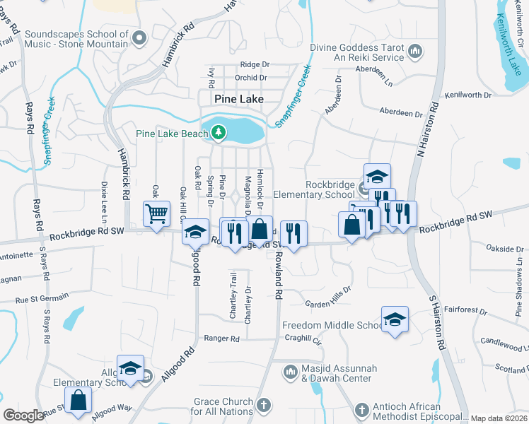 map of restaurants, bars, coffee shops, grocery stores, and more near 447 Hemlock Drive in Pine Lake