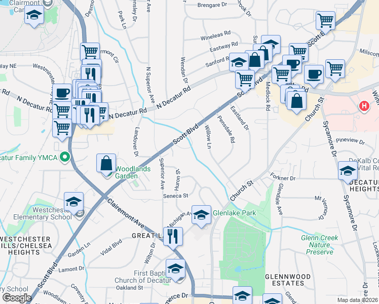 map of restaurants, bars, coffee shops, grocery stores, and more near 129 Parkside Circle in Decatur