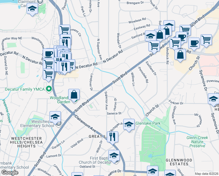 map of restaurants, bars, coffee shops, grocery stores, and more near 1123 Scott Boulevard in Decatur
