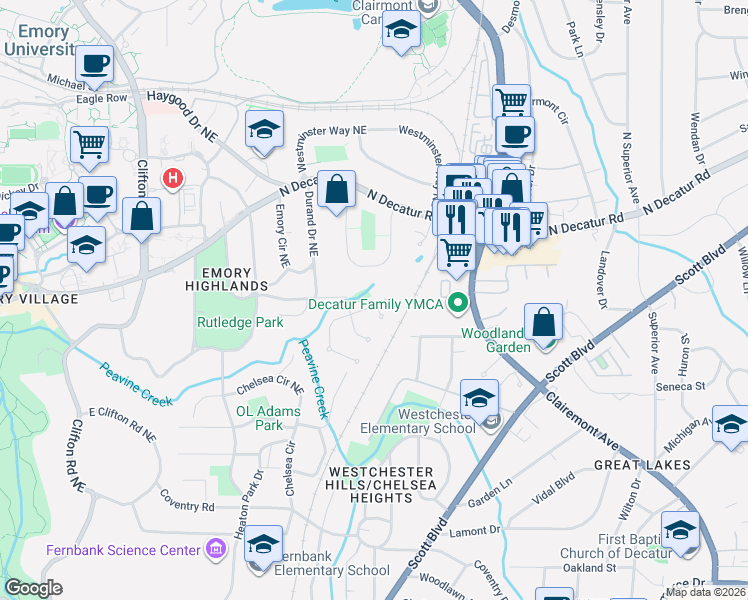 map of restaurants, bars, coffee shops, grocery stores, and more near 419 Spring House Cove Northeast in Atlanta