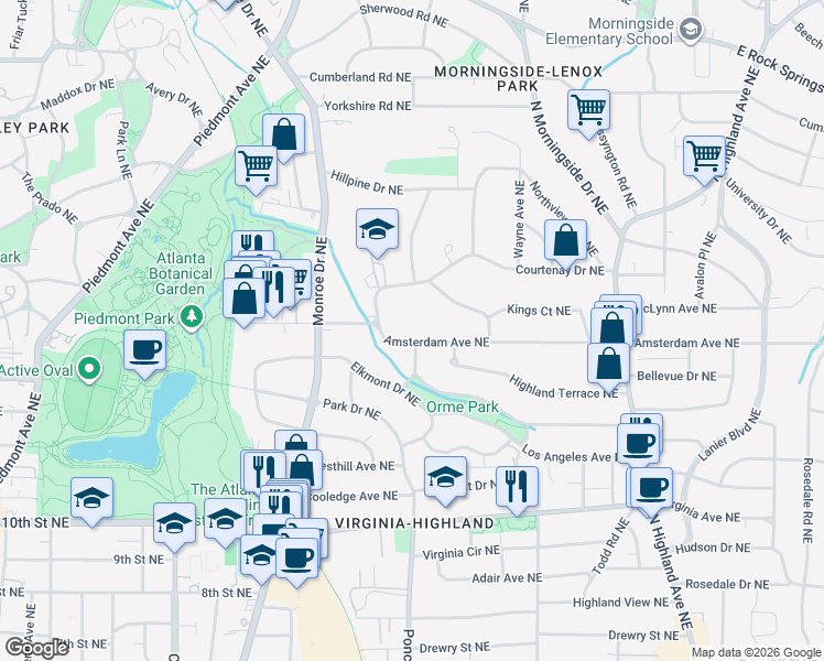 map of restaurants, bars, coffee shops, grocery stores, and more near 716 Amsterdam Avenue Northeast in Atlanta