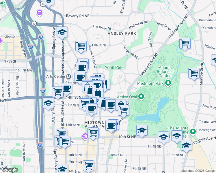 map of restaurants, bars, coffee shops, grocery stores, and more near 193 15th Street Northeast in Atlanta