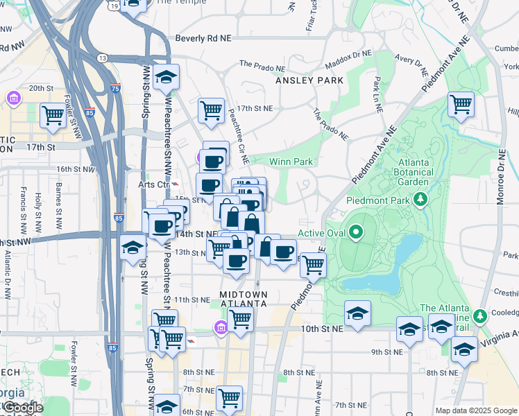map of restaurants, bars, coffee shops, grocery stores, and more near 1197 Peachtree Street Northeast in Atlanta