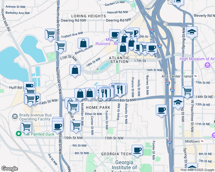 map of restaurants, bars, coffee shops, grocery stores, and more near 1200 Mecaslin Street Northwest in Atlanta