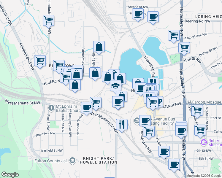 map of restaurants, bars, coffee shops, grocery stores, and more near 876 Earnest Street Northwest in Atlanta