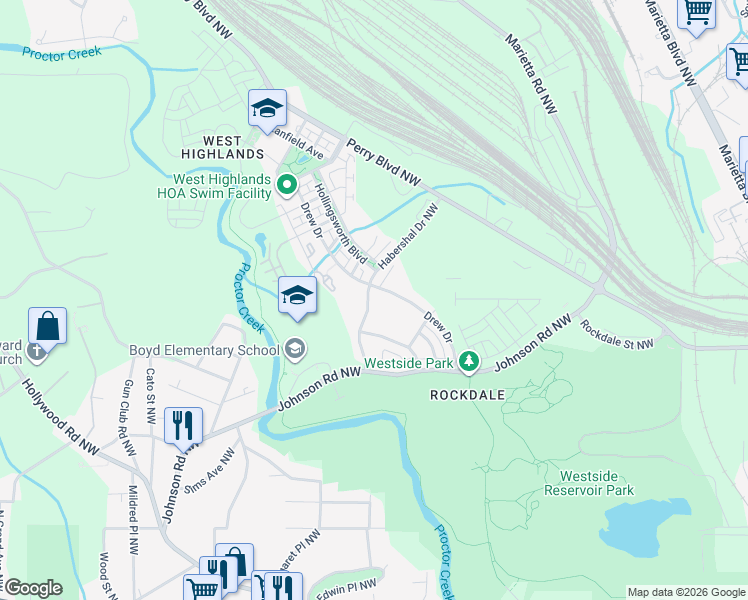 map of restaurants, bars, coffee shops, grocery stores, and more near 1575 Habershal Road Northwest in Atlanta