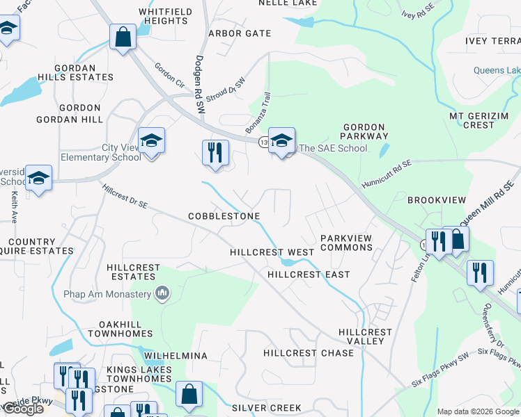 map of restaurants, bars, coffee shops, grocery stores, and more near 6853 Bridgewood Drive in Austell