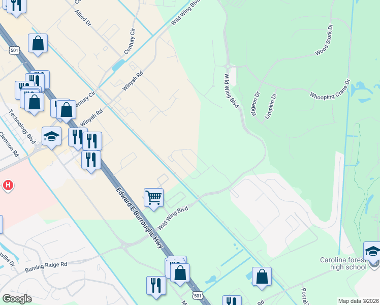 map of restaurants, bars, coffee shops, grocery stores, and more near 1041 Tee Shot Drive in Conway