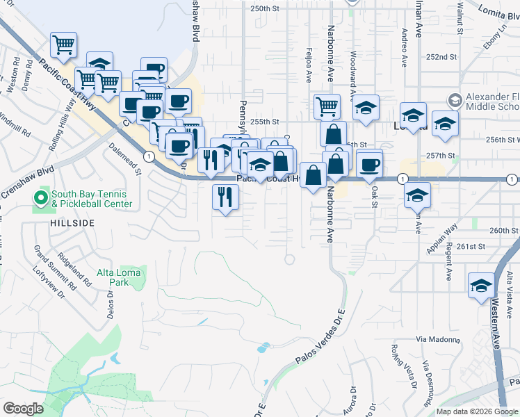 map of restaurants, bars, coffee shops, grocery stores, and more near 25917 Viana Avenue in Lomita