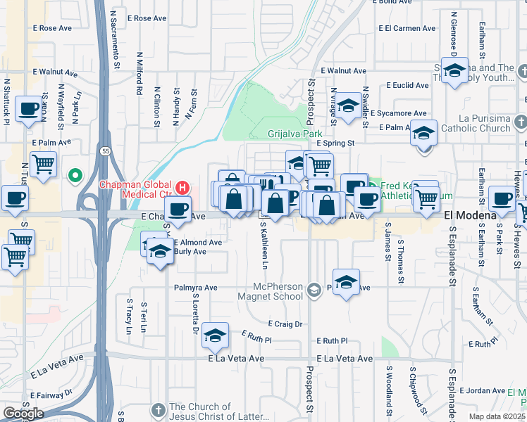 map of restaurants, bars, coffee shops, grocery stores, and more near 3114 East Chapman Avenue in Orange