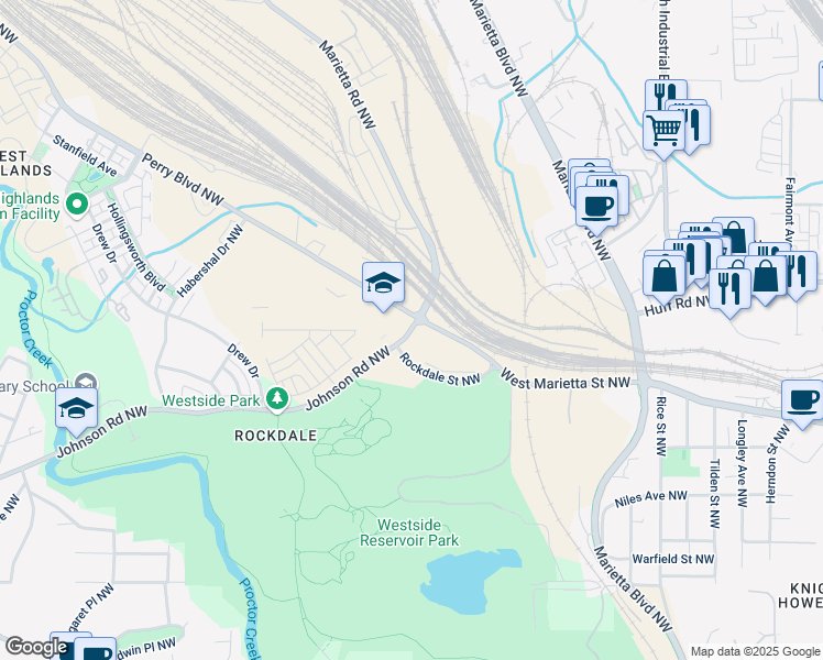 map of restaurants, bars, coffee shops, grocery stores, and more near 1580 Johnson Road Northwest in Atlanta