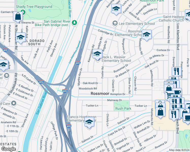 map of restaurants, bars, coffee shops, grocery stores, and more near 2761 Saint Albans Drive in Los Alamitos