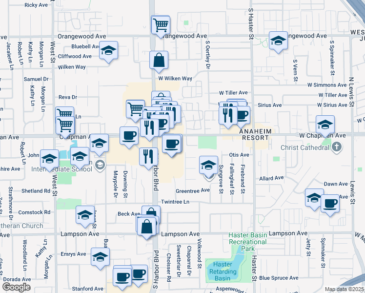 map of restaurants, bars, coffee shops, grocery stores, and more near 12664 Chapman Avenue in Garden Grove