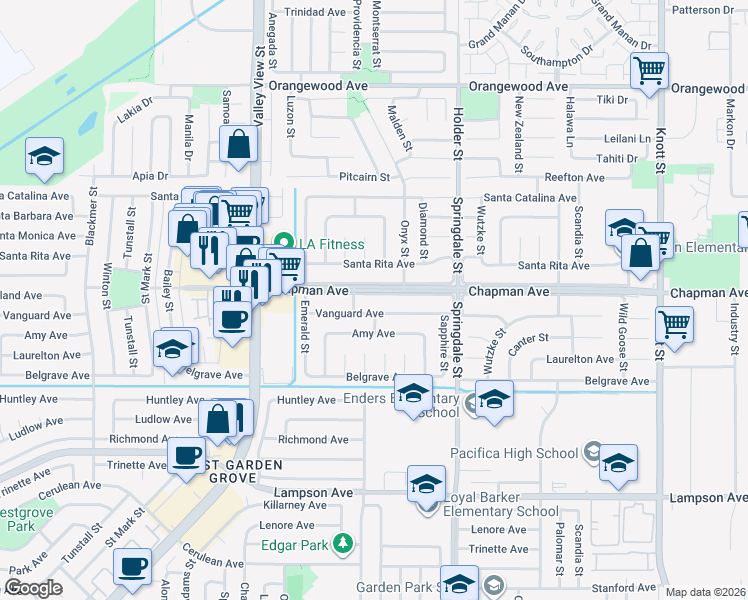 map of restaurants, bars, coffee shops, grocery stores, and more near 6272 Chapman Avenue in Garden Grove