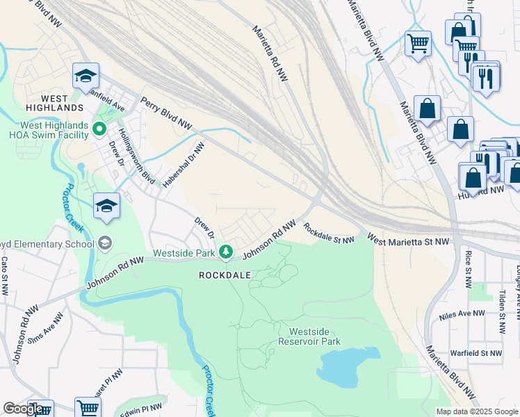 map of restaurants, bars, coffee shops, grocery stores, and more near 1694 Gunnin Trace Northwest in Atlanta