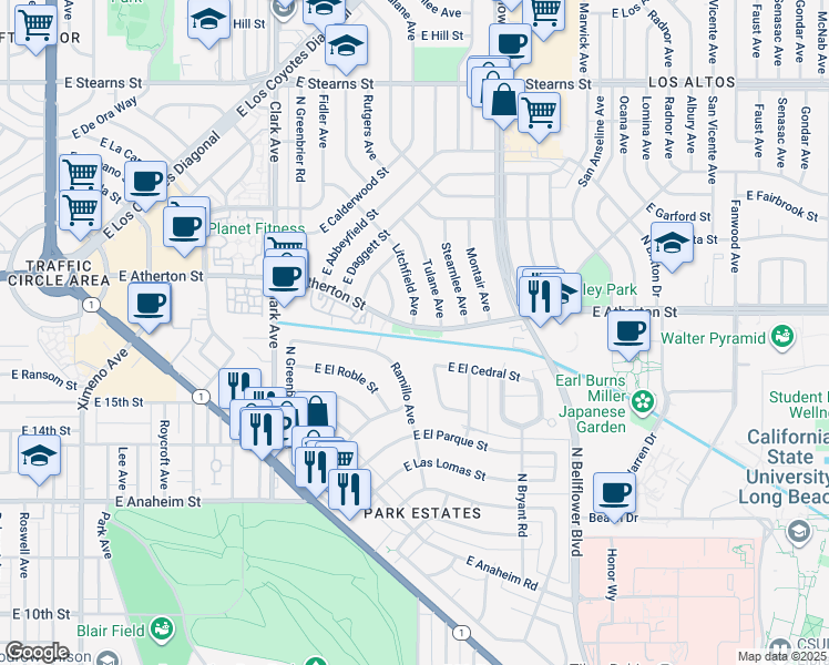 map of restaurants, bars, coffee shops, grocery stores, and more near 5350 East Atherton Street in Long Beach
