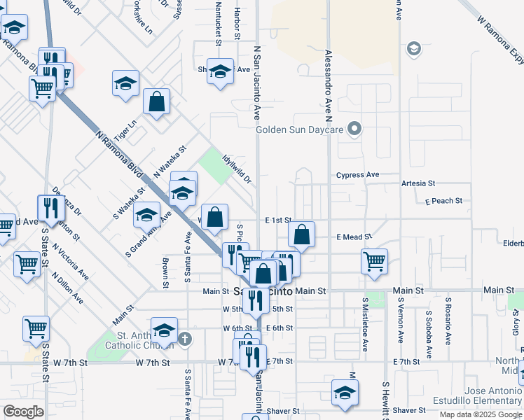 map of restaurants, bars, coffee shops, grocery stores, and more near 131 North San Jacinto Avenue in San Jacinto