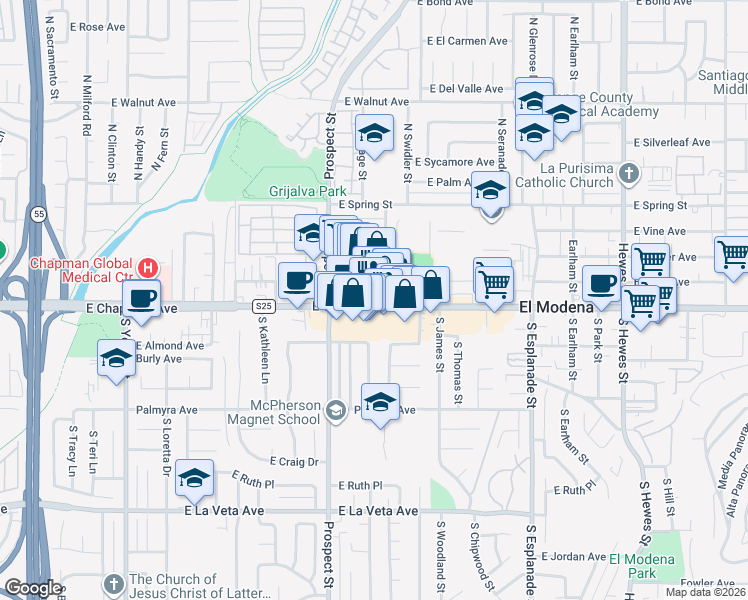 map of restaurants, bars, coffee shops, grocery stores, and more near 3510 East Chapman Avenue in Orange