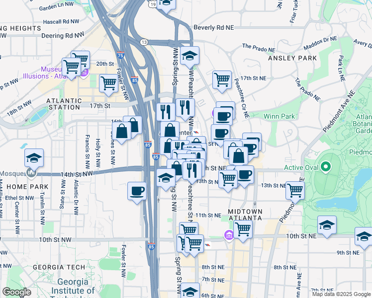 map of restaurants, bars, coffee shops, grocery stores, and more near 1200 West Peachtree Street Northwest in Atlanta