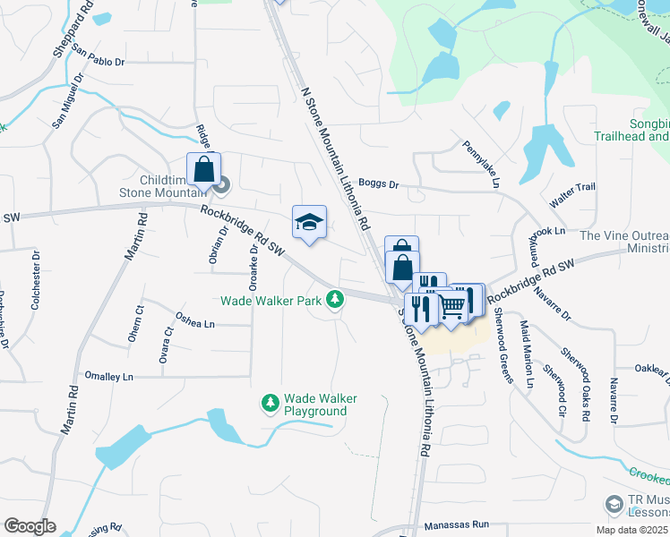 map of restaurants, bars, coffee shops, grocery stores, and more near 425 Orchard Drive in Stone Mountain