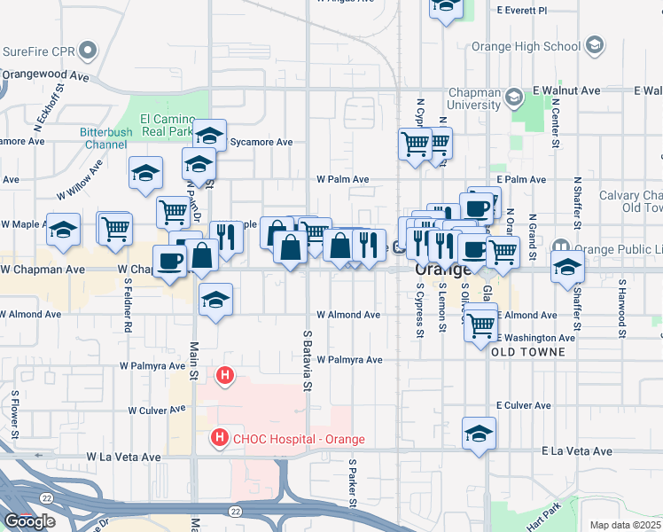 map of restaurants, bars, coffee shops, grocery stores, and more near 122 South Clark Street in Orange