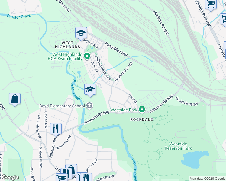 map of restaurants, bars, coffee shops, grocery stores, and more near 1575 Habershal Road Northwest in Atlanta