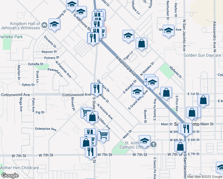 map of restaurants, bars, coffee shops, grocery stores, and more near 555 De Anza Drive in San Jacinto