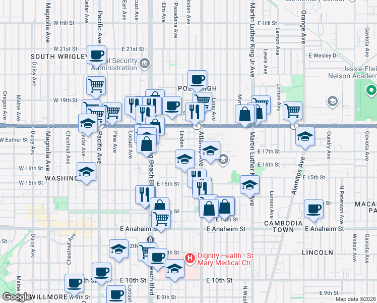 map of restaurants, bars, coffee shops, grocery stores, and more near 1610 Linden Avenue in Long Beach