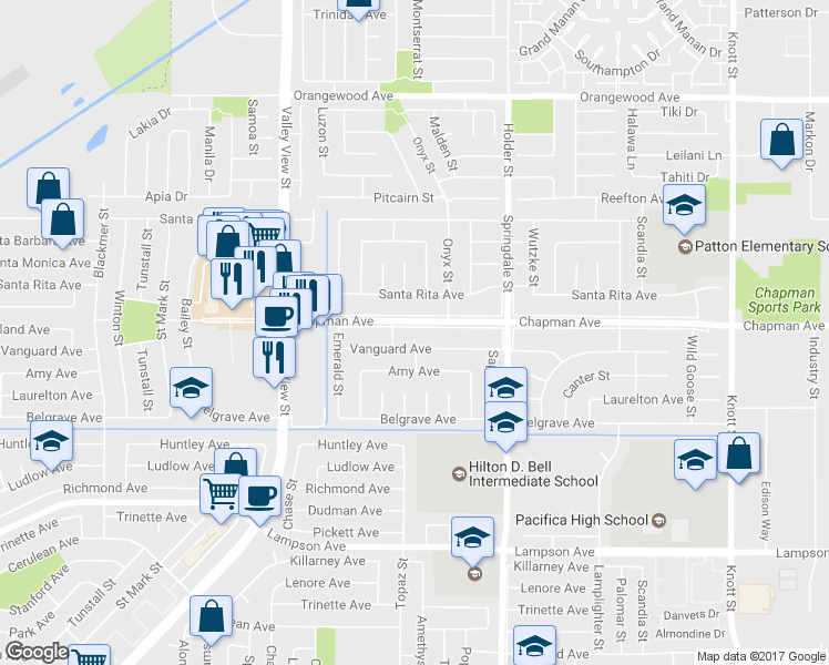 map of restaurants, bars, coffee shops, grocery stores, and more near 6272 Chapman Avenue in Garden Grove