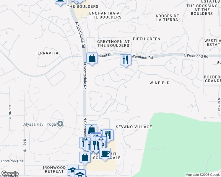 map of restaurants, bars, coffee shops, grocery stores, and more near 7347 East Eagle Feather Road in Scottsdale