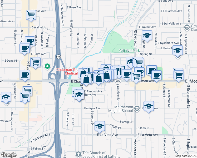 map of restaurants, bars, coffee shops, grocery stores, and more near 109 North Wheeler Street in Orange