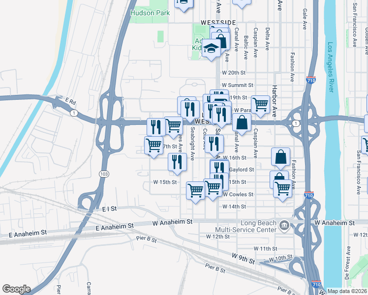 map of restaurants, bars, coffee shops, grocery stores, and more near 1921 West 16th Street in Long Beach