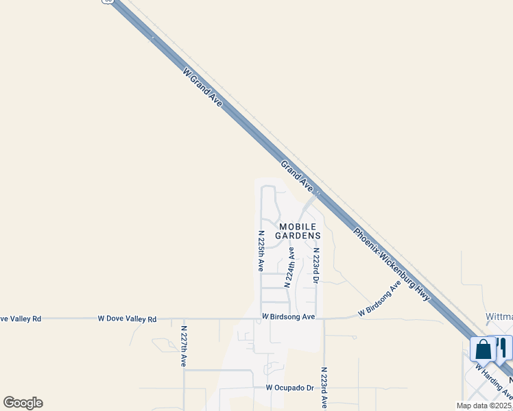 map of restaurants, bars, coffee shops, grocery stores, and more near 33444 North 225th Avenue in Wittmann