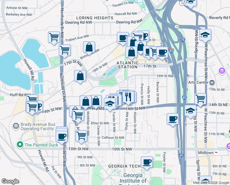 map of restaurants, bars, coffee shops, grocery stores, and more near 1200 Mecaslin Street Northwest in Atlanta