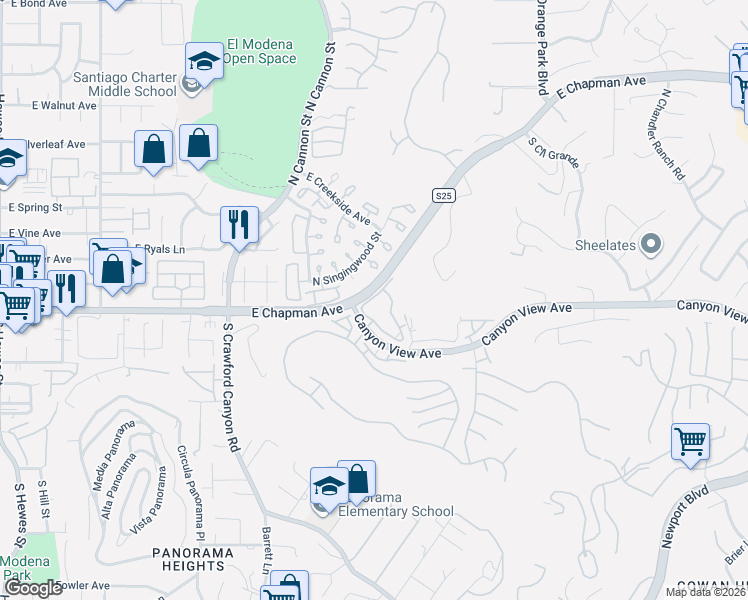 map of restaurants, bars, coffee shops, grocery stores, and more near 158 South Stonebrook Drive in Orange