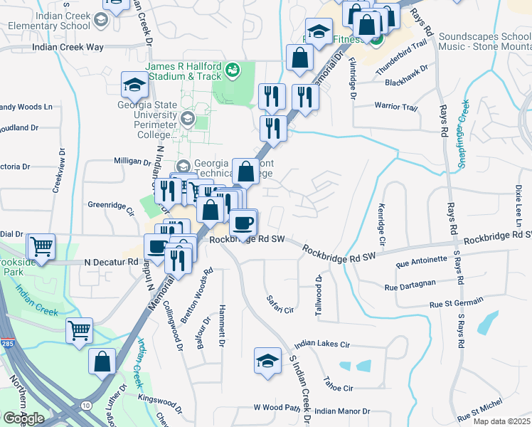 map of restaurants, bars, coffee shops, grocery stores, and more near 541 Rockbridge Trail in Stone Mountain