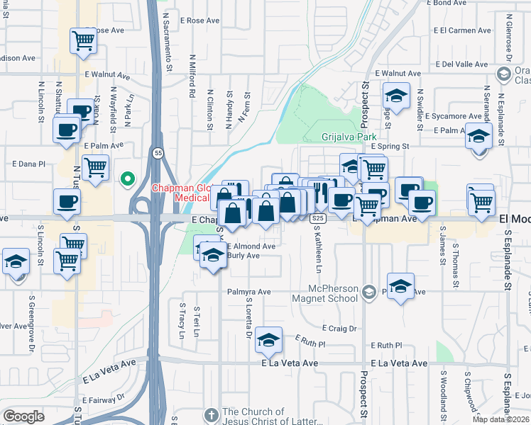 map of restaurants, bars, coffee shops, grocery stores, and more near 109 North Wheeler Street in Orange