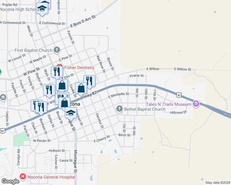 map of restaurants, bars, coffee shops, grocery stores, and more near 509 East Mesquite Street in Nocona