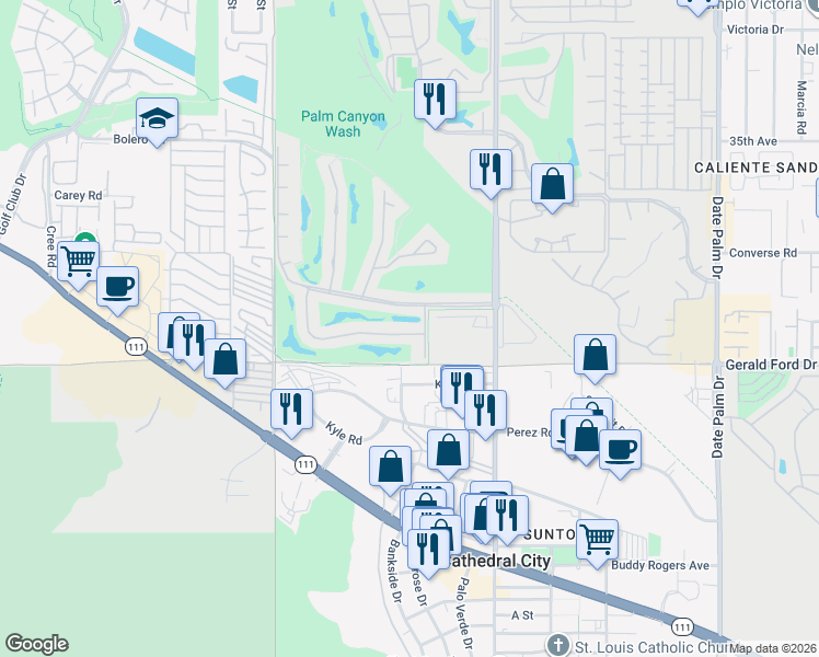 map of restaurants, bars, coffee shops, grocery stores, and more near 7562 Regency Drive in Palm Springs