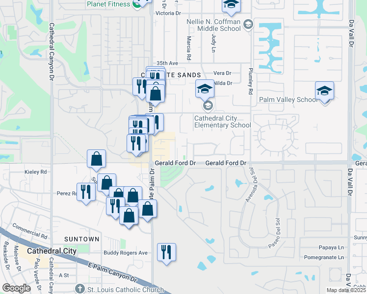 map of restaurants, bars, coffee shops, grocery stores, and more near 69130 Gerald Ford Drive in Cathedral City