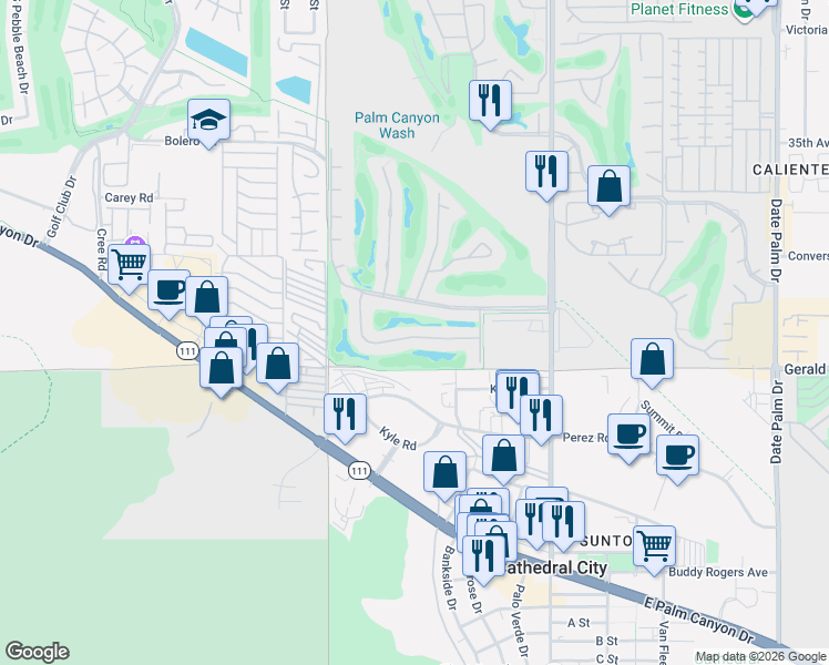 map of restaurants, bars, coffee shops, grocery stores, and more near 7495 Regency Drive in Palm Springs