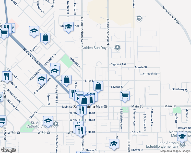 map of restaurants, bars, coffee shops, grocery stores, and more near 314 East 1st Street in San Jacinto