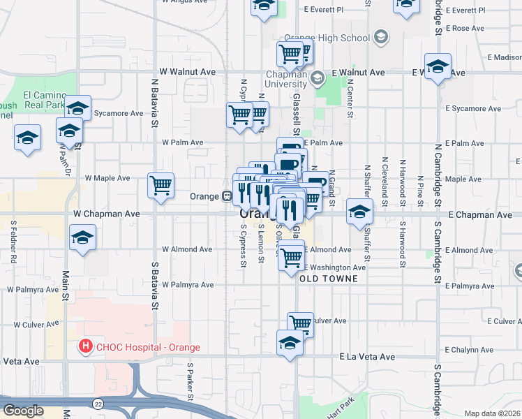 map of restaurants, bars, coffee shops, grocery stores, and more near in Orange