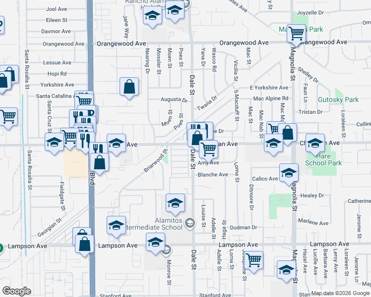 map of restaurants, bars, coffee shops, grocery stores, and more near 12101 Dale Avenue in Stanton