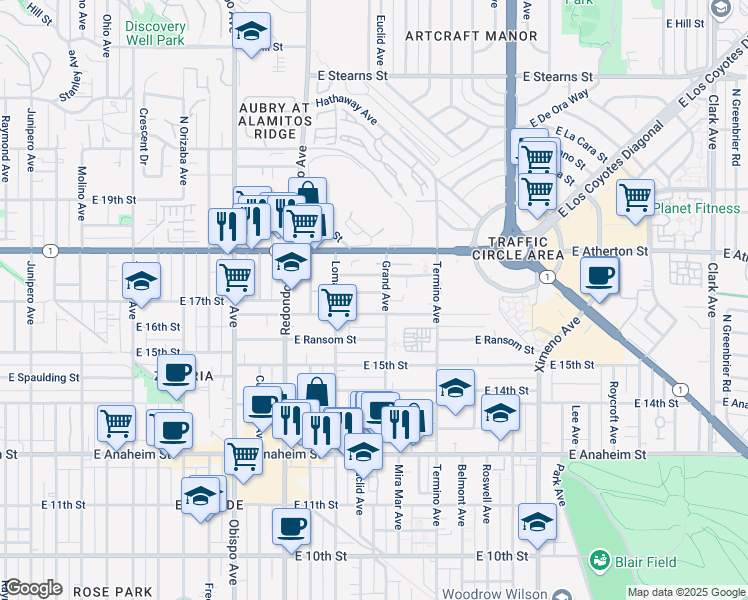 map of restaurants, bars, coffee shops, grocery stores, and more near 3702 East Wilton Street in Long Beach