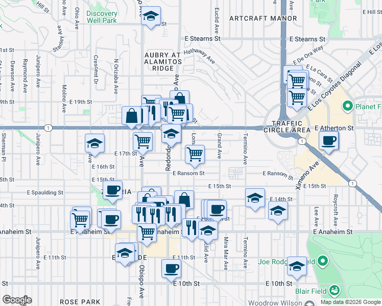 map of restaurants, bars, coffee shops, grocery stores, and more near East Wilton Street in Long Beach