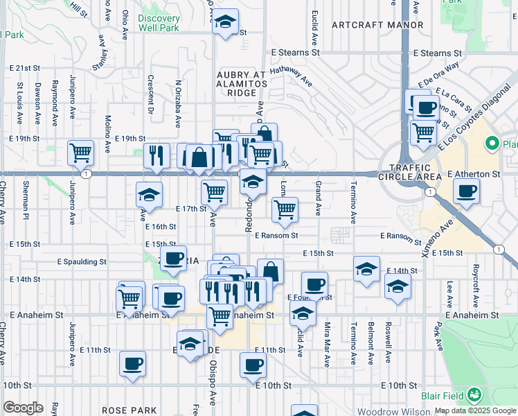 map of restaurants, bars, coffee shops, grocery stores, and more near 1650 Redondo Avenue in Long Beach
