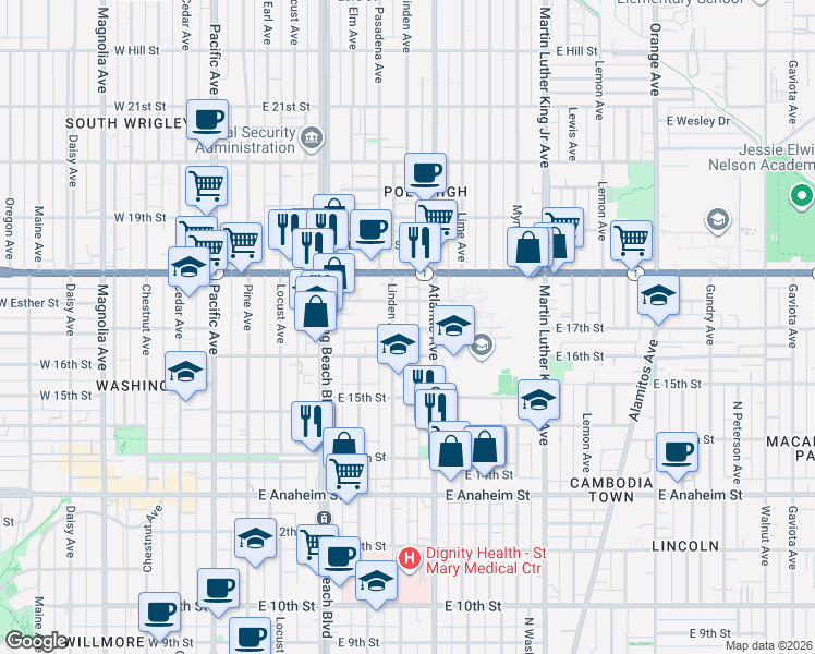 map of restaurants, bars, coffee shops, grocery stores, and more near 1610 Linden Avenue in Long Beach